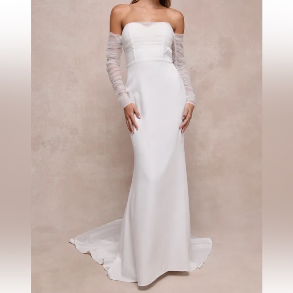 Lulus Eternal Bliss White Tulle Off-the-Shoulder Bustier Maxi Dress Small NWOT